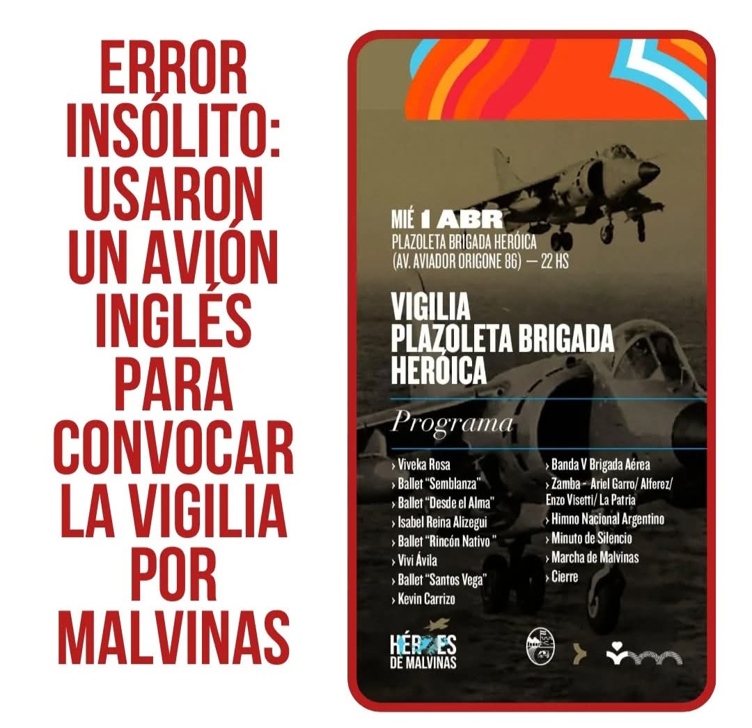  Polémica por un afiche oficial: usaron un avión inglés para convocar la vigilia por Malvinas