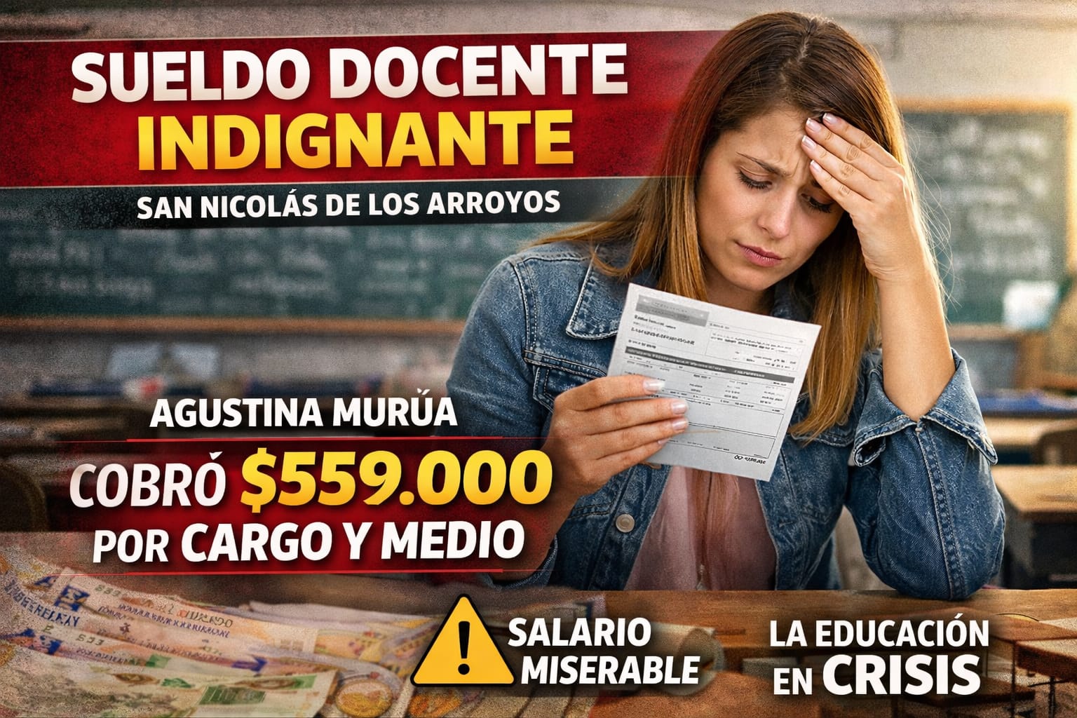 SUELDOS DOCENTES EN CRISIS: COBRÓ $559.000 POR “CARGO Y MEDIO” Y DESATA INDIGNACIÓN